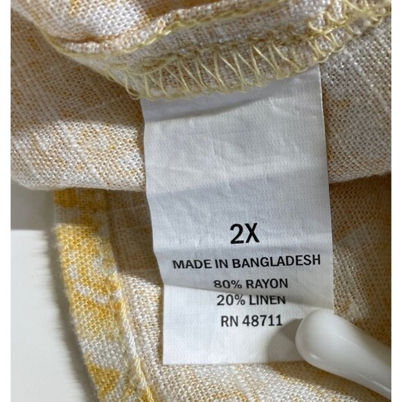 Falls Creek Womens Size 2X Yellow & White Floral Print Linen Blend Shirt - Picture 9 of 10